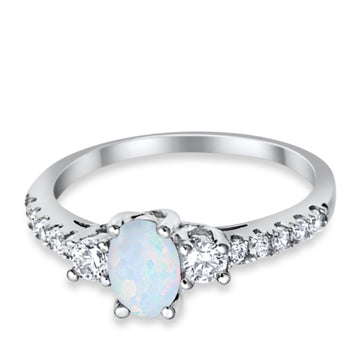 Oval Lab Created White Opal Round Ring 925 Sterling Silver